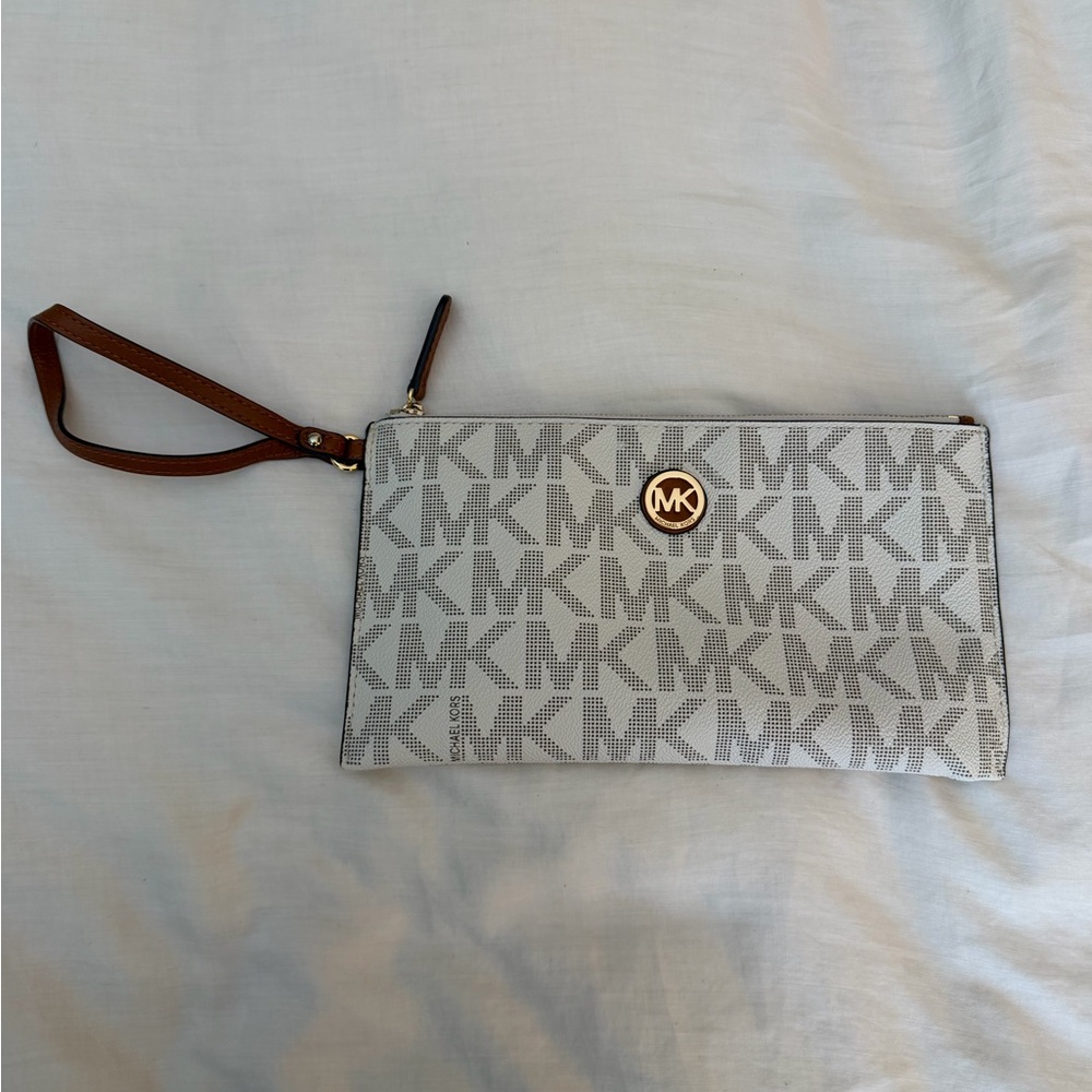 Michael Kors Monogram Wristlet with Brown Strap